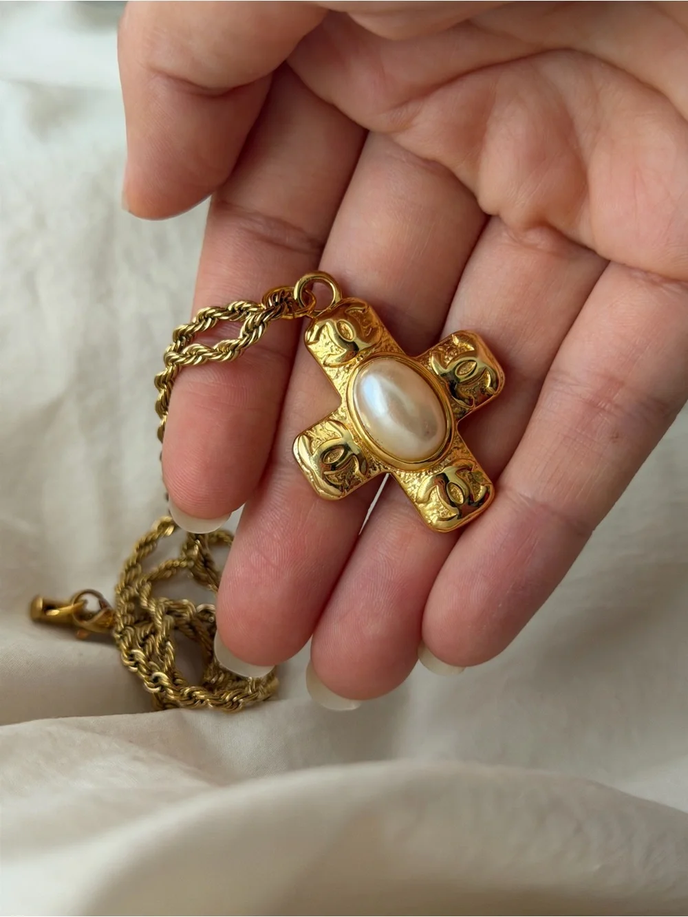 Gold Chanel Cross CC Pendant Necklace with Pearl Center